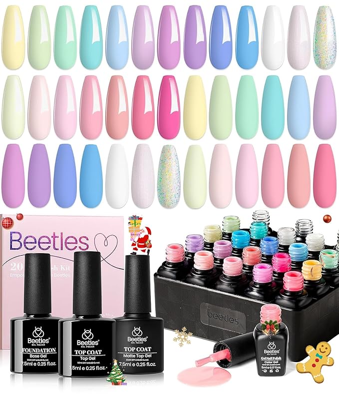 beetles Gel Polish Nail Set 20 Colors Spring Pastel Girly Sparkle Glitter Uv Gel Dreamy Town Collection Macaroon Bright Pastel Nail Manicure Kit with 3Pcs Base Top Coat Gift for Women