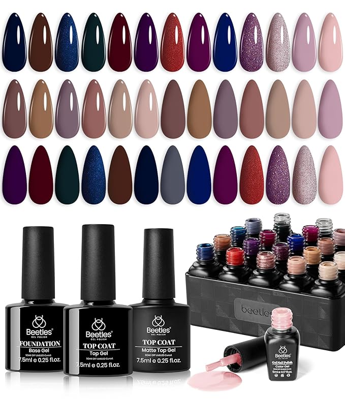 Beetles Gel Nail Polish Set Manhattan Collection 20 Colors Burgundy Red Brown Gold Champagne Glitter Winter Gel Polish Soak Off UV Glossy & Matte Top Base Coat Home Salon Diy Christmas Gifts for Women