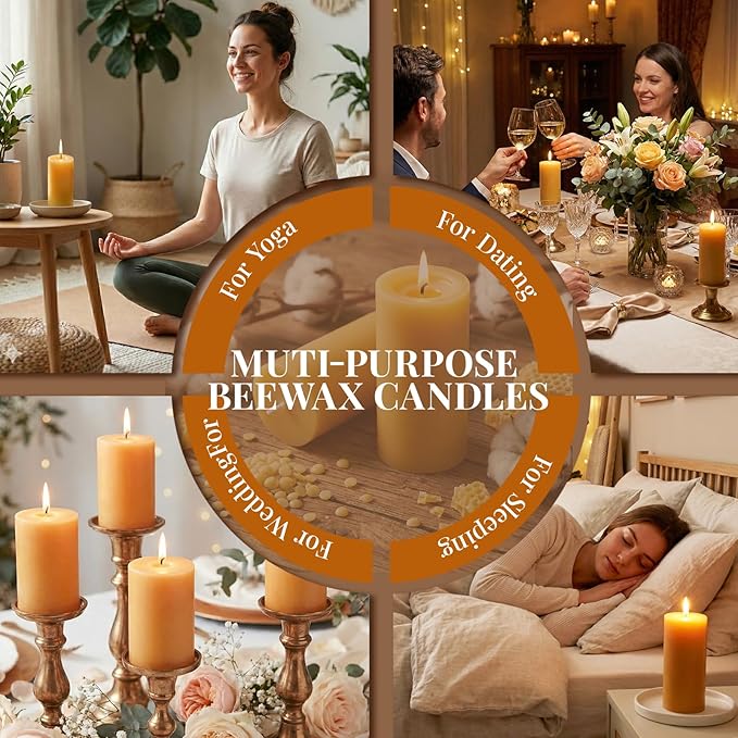 Natural Beeswax Candles 4 Packs, 100% Pure Beeswax Pillar Candles with 140 Hours Long Burning Time, Organic Bee Wax Candle for Home, Paryer, Parties Smokeless & Dripless, 2x4 inch