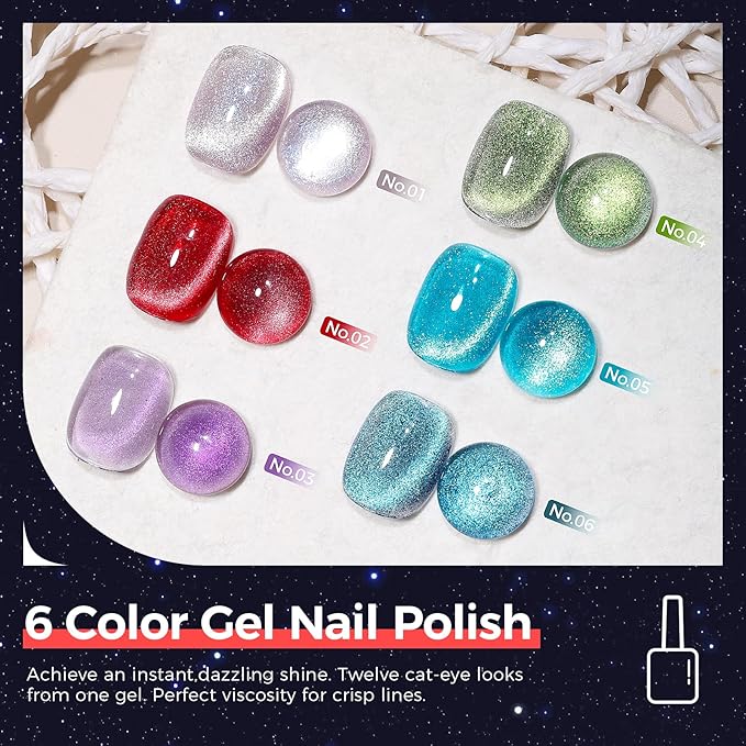 5-in-1 Cat Eye Gel Polish Kit, 6PCS-7.5ml No Base/Top Coat Needed, All-in-One Formula, Beginner-Friendly Magnetic Nail Art Set with Magnet Sticks, Fast Curing for Home DIY Manicure