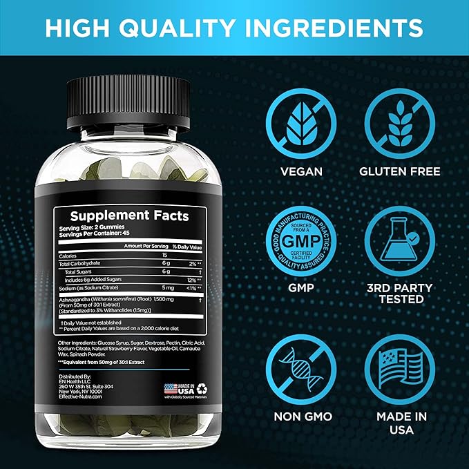 EFFECTIVE NUTRA Ashwagandha Gummies 1500mg | Stress Relief, Immune Support, Calm Mood, Energy | Natural Berry Flavor | 90-Day Supply | Vegan, Gluten-Free, Non-GMO | Supplement for Men & Women (2-Pack)