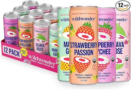 wildwonder Sparkling Probiotic Drink 12pk, For Gut Health & Immune Support, Classic Variety Pack, 5g Prebiotic Fiber, Live Probiotics, Organic, Vegan, Low Sugar, 12 Pack, 12oz Can, Seen on Shark Tank