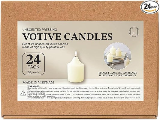 CW Studio Unscented Pressing Votive Candles – Long Hours Burn, Smokeless & Dripless – Premium Wax with Cotton Wick – Perfect for Weddings, Events, Home & Romantic Décor (24, Ivory, 1.5x1.3 inches)
