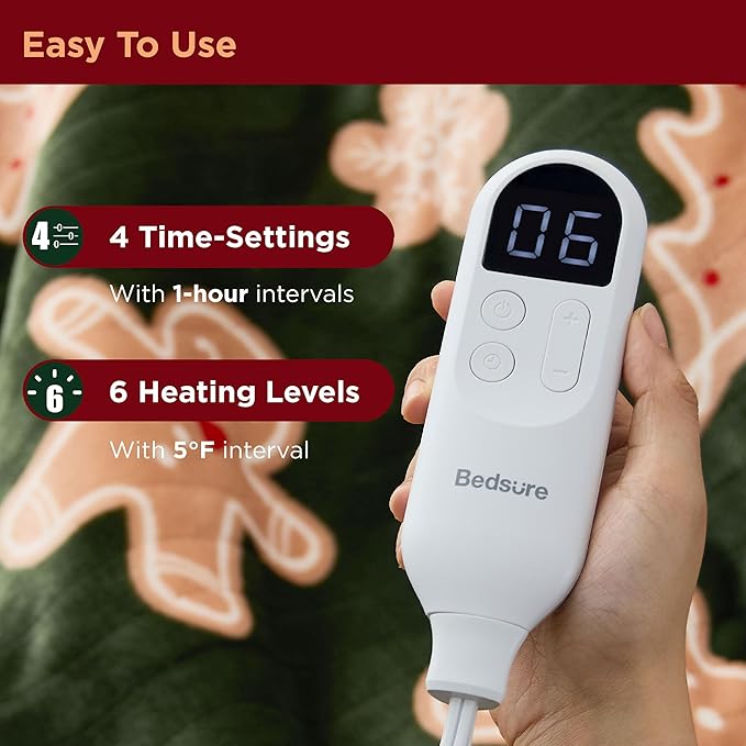 Bedsure Christmas Heated Blanket Throw - Soft Flannel Sherpa Electric Blanket with Gingerbread Pattern, Heated Throw as a Gift, with 6 Heating Levels, 4 Time Settings, and 3-Hour Auto-Off (50"x60")