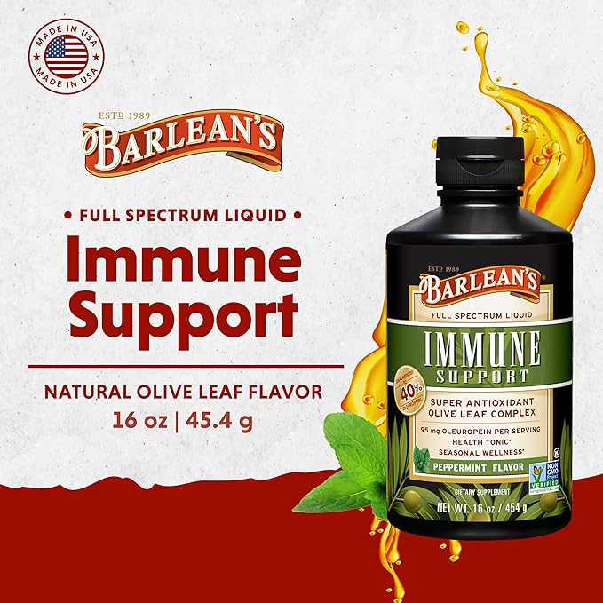 Barlean's Peppermint Olive Leaf Complex Liquid Immune Support Supplement, 95mg Oleuropein Antioxidants, 16 oz