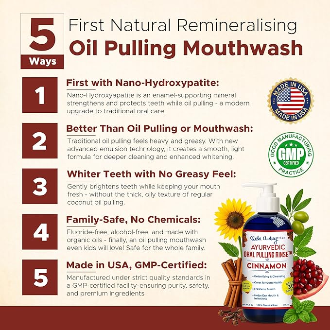 Dale Audrey Ayurvedic Nano Hydroxyapatite Oil Pulling for Teeth and Gums | Cinnamon Flavored Organic Oral Rinse Mouthwash for Bad Breath | Essential Oils for Teeth Whitening & Fresh Breath | (8 oz)