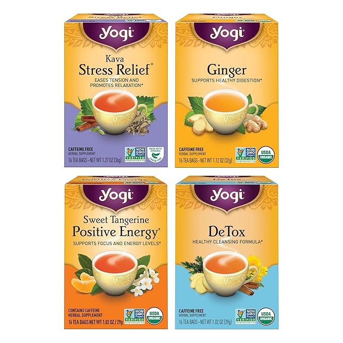 Yogi Tea Well-Being Variety Pack - 16 Bags per Pack (4 Packs) - Black & Herbal Sampler - Caffeine & Caffeine Free - Kava Stress Relief, Ginger, Sweet Tangerine Positive Energy & DeTox