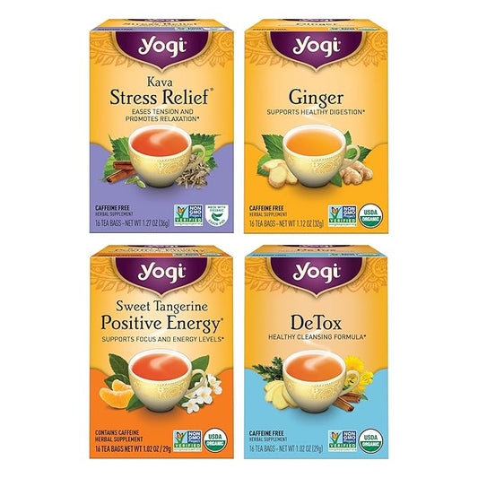 Yogi Tea Well-Being Variety Pack - 16 Bags per Pack (4 Packs) - Black & Herbal Sampler - Caffeine & Caffeine Free - Kava Stress Relief, Ginger, Sweet Tangerine Positive Energy & DeTox