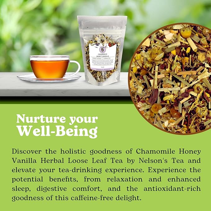 Nelson's Tea Chamomile Honey Vanilla - Caffeine-Free - Herbal Loose Leaf Tea, Curated Blend with Honeybush, Chamomile, Lemongrass, Licorice Root, Toasted Coconut, and Bee Pollen - Bedtime Brew (Sample 0.3 Oz)