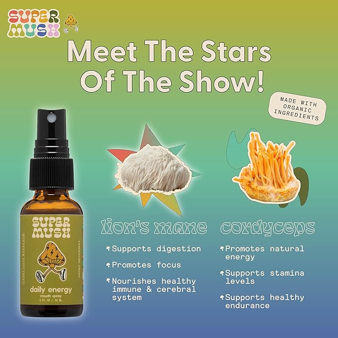 SuperMush Daily Energy Mouth Spray - Mushroom Supplement - Lions Mane & Cordyceps Mixed Mushrooms Extract Pure Liquid Sprays for Focus, Stamina & Clarity - 30ml Organic Lions Mane Fungi Spray