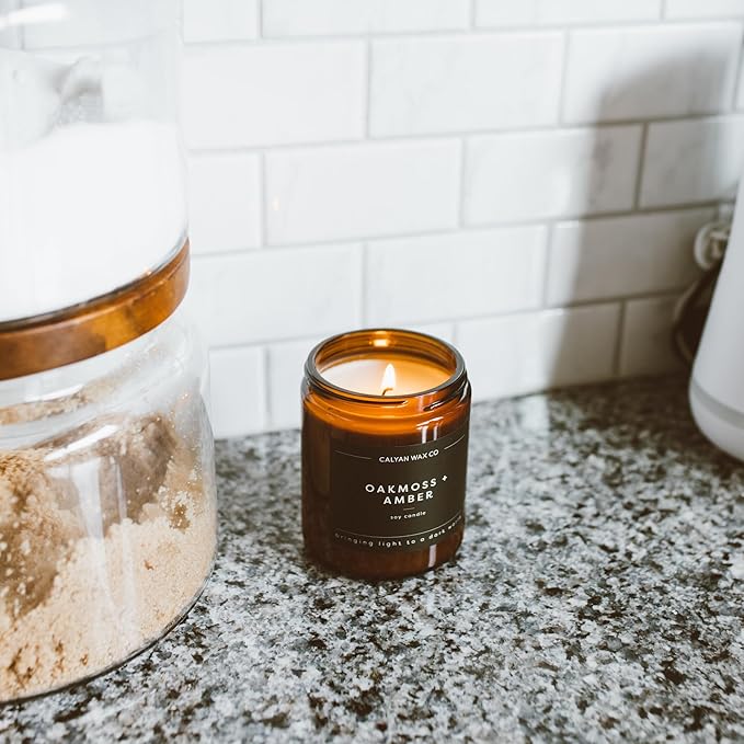 Calyan Wax Co. Musk & Teakwood Scented Candle - 57 Hour Burn - Luxury Non Toxic Soy Wax Candles - Long Lasting Amber Glass Jar Candle for Home - 7.2oz