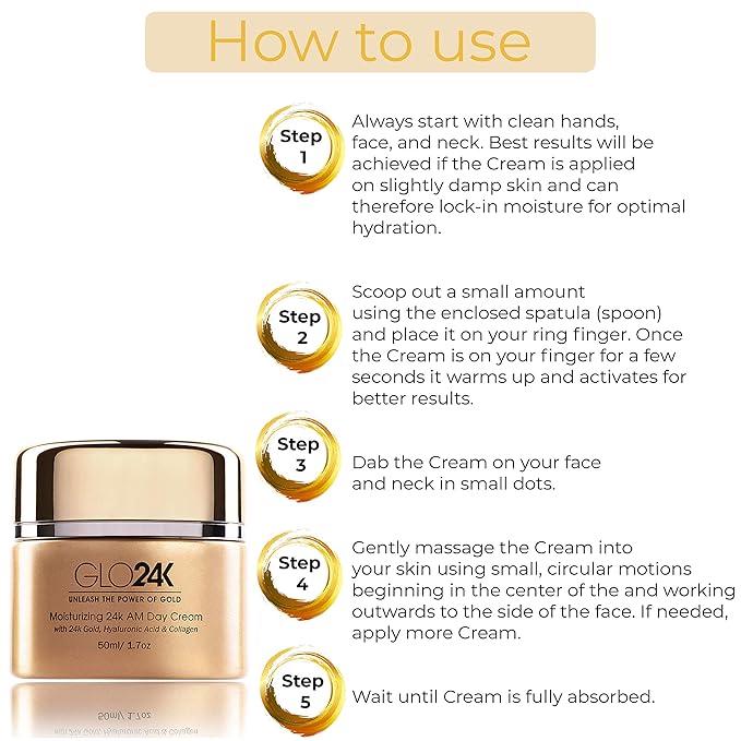 GLO24K Moisturizer Face Cream with 24K Gold, Vitamins – Collagen Retinol Hyaluronic Acid – Hyaluron Acid Cream for Hydration & Daily Skin Care, Day Cream