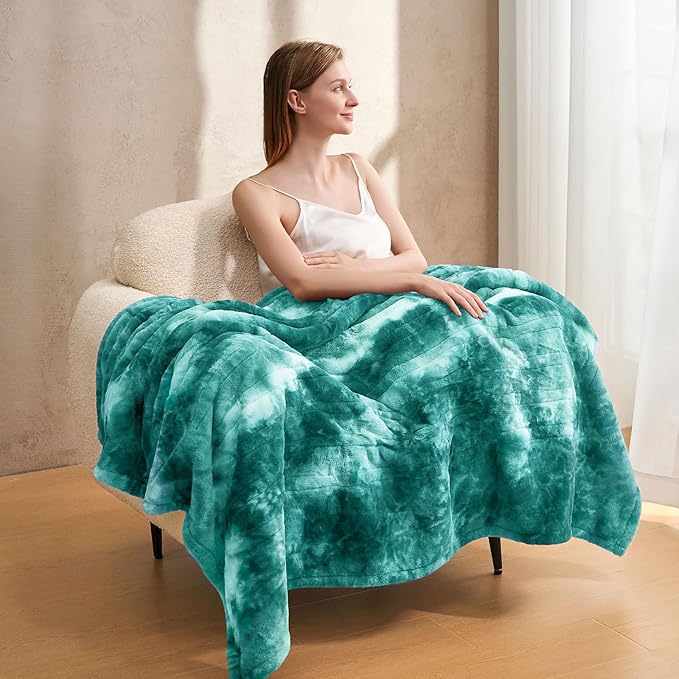 Electric Heated Throw Blanket 50"x60",Luxury Green Faux Fur Electric Throw Blanket,Fast Heating Soft Fluffy Thick Electric Blanket with 6 Heating Levels & 12H Auto Off