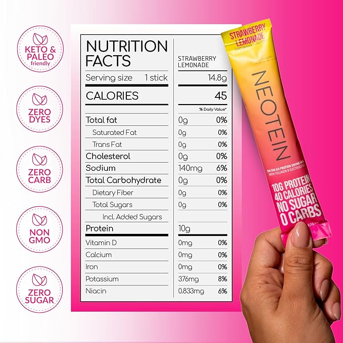 NEOTEIN: Electrolyte Powder Packets, Protein Powder with 10g Protein & Collagen | Hydration Packets - Zero Sugar, NO Fillers, NO Carbs | Strawberry Lemonade | 40 Calories | Keto & Paleo | Pack of 15