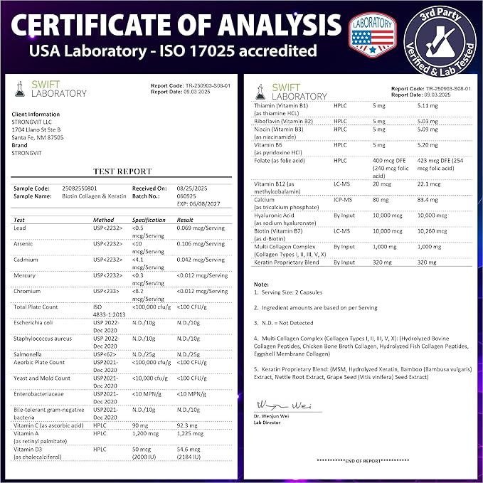 Biotin with Hyaluronic Acid, Keratin, and Collagen Supplements - Hair Growth Vitamins for Women, Healthy Nails and Skin, B1, B2, B3, B6, B7 Complex, USA