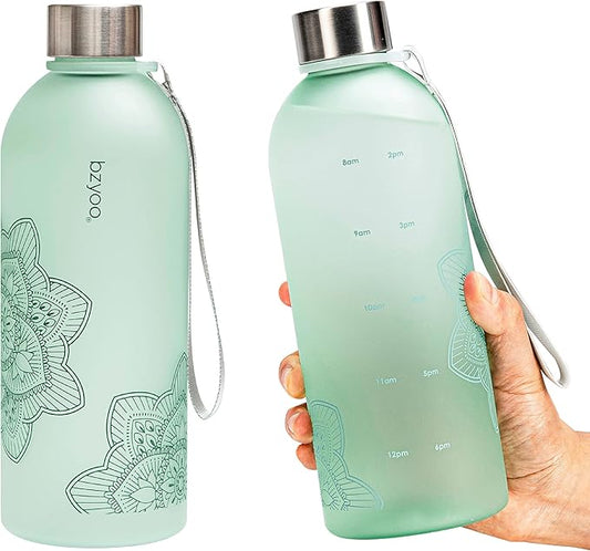 bzyoo 32 OZ 1 Liter Time Marker Water Bottle BPA Free Frosted Durable Plastic With Strap - Reusable Times To Drink For Sports Gym Valentines Gifts Him & Her (Color: Green)