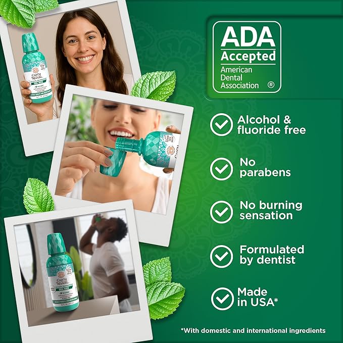 GuruNanda Fresh Breath Mouthwash, ADA-Accepted, Alcohol & Fluoride-Free, Sodium Chlorite, Essential Oils & Vitamins, 12-Hrs Fresh Breath, Wild Mint, 16 oz - 2 Pack