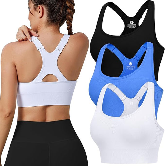 Evercute Adjustable Sports Bras for Women 3/4 Pack Racerback High Support Bras Padded Workout Bras Seamless Yoga Athletic Bra