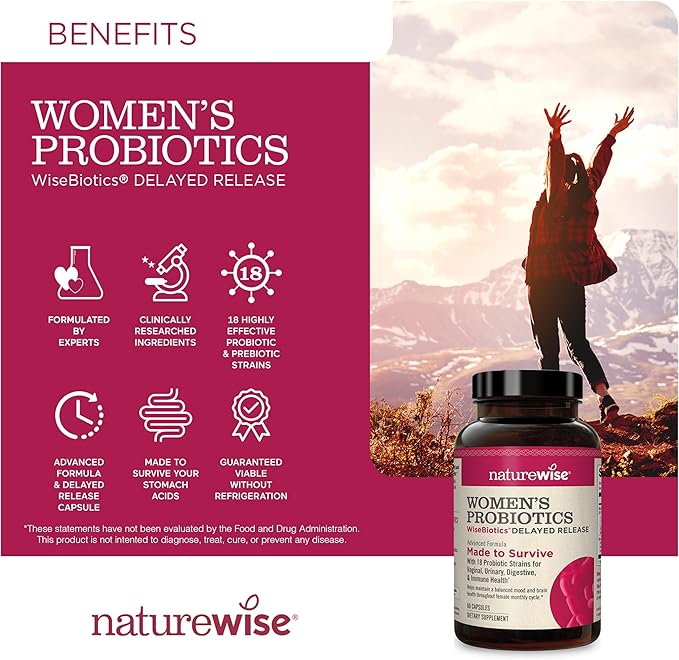 NatureWise Probiotics for Women + Organic Prebiotics D-Mannose & Cranberry - Vaginal Probiotics for PH Balance, Digestive & Urinary Tract - 18 Strains, 20 Billion CFU - 60 Capsules[60-Day Supply]