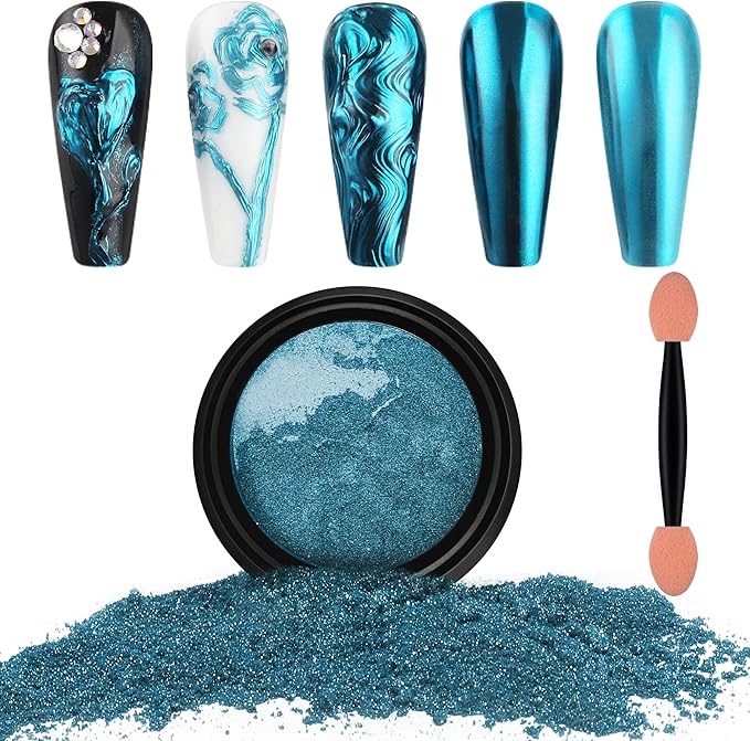 Artdone Chrome Nail Powder, Lake Blue Iridescent Aurora Powder Metallic Mirror Effect Pigment Pearlescent Mermaid Pigment Pearl Glitter Dust Kit, Nail Art Decoration, Resin Craft
