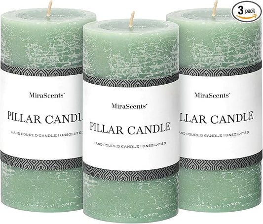 3x6 Inch Sage Green Pillar Candles Set of 3 - Unscented Spring, Long Clean Burning, Large Smokeless Dripless for Home Decor, Dinner Table, Bathroom, Rustic Decor