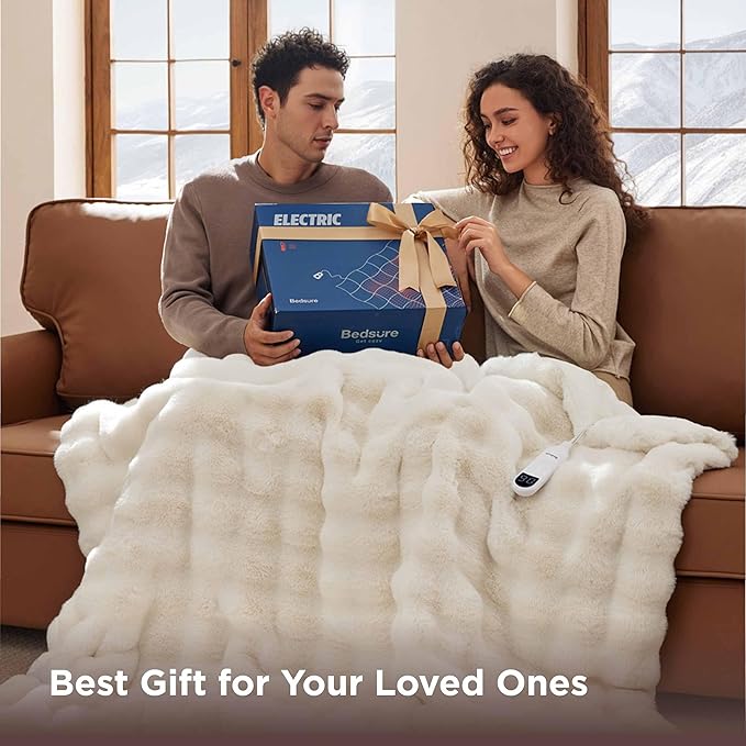 Bedsure Fluffy Bubble Faux Fur Heated Blanket Throw - Super Soft Electric Blanket, Heating with 6 Heating Levels, 4 Time Settings, 3-Hour Auto-Off, Decor Gifts for Home, Green, 50x60 inches