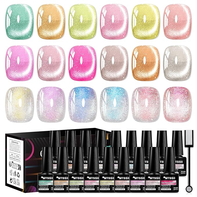 MTSSII 18PCS Cat Eye Gel Nail Polish Set with Magnet, Sea Spirit Magic Cateye Gel Polish Pink Green Blue Yellow Glitter Shinny Magnetic Nail Polish Soak Off LED Manicure Nail Art