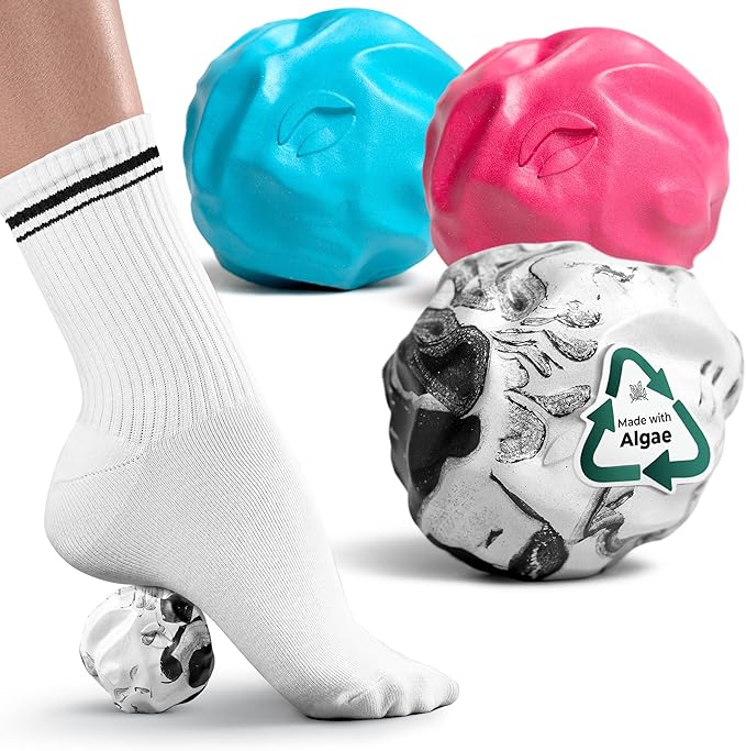 Oceanfoam Wave Massage Ball Roller – Textured Lacrosse Ball, Plantar Fasciitis Relief, Muscle Knot Therapy, Myofascial Release, Feet Pain – Travel Size (Black Marbled, Miami Blue, Hot Pink) Pack of 3