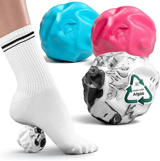 Oceanfoam Wave Massage Ball Roller – Textured Lacrosse Ball, Plantar Fasciitis Relief, Muscle Knot Therapy, Myofascial Release, Feet Pain – Travel Size (Black Marbled, Miami Blue, Hot Pink) Pack of 3