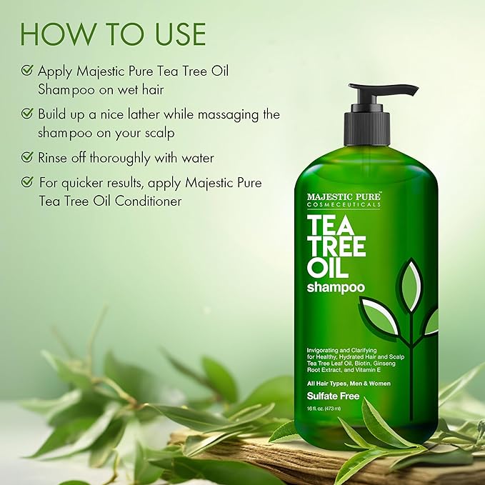 Majestic Pure Tea Tree Shampoo for Men and Women -16 fl oz - Hydrating Formula Fights Dandruff, Lice and Itchy, Irritating or Dry Scalp - For All Hair Types - Sulfate Free