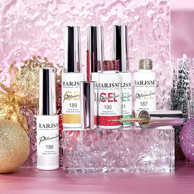 RARJSM Metallic Painting Gel Nail Polish Set,Black Silver Gold Green Pink Black Glitter Platinum Effect Drawing GelPolish 6 Pieces,Curing Reqired Nail Art Design Dotting Gel Liner Brush Pen Tool 8ml