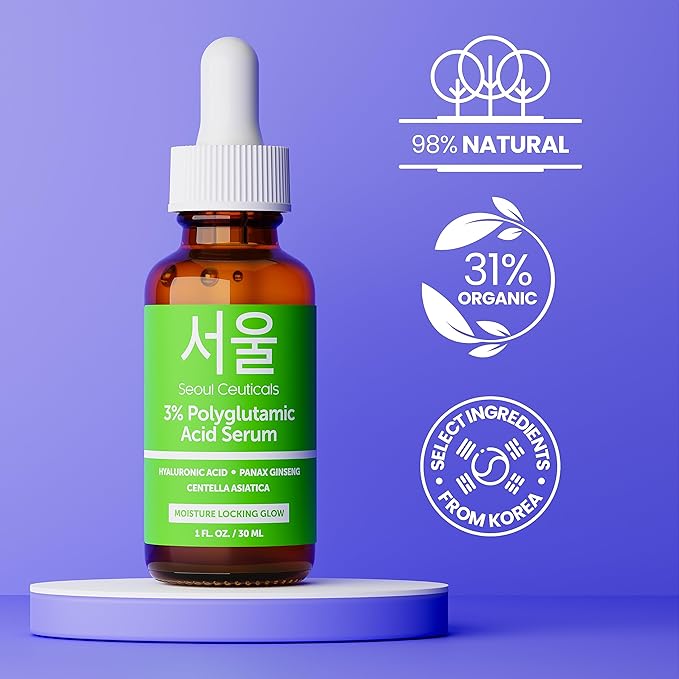 SeoulCeuticals Organic Polyglutamic Acid Serum - Korean Skin Care + Hyaluronic Acid + Centella Asiatica - K Beauty Anti Aging - Healthy Glowing Skin 1oz