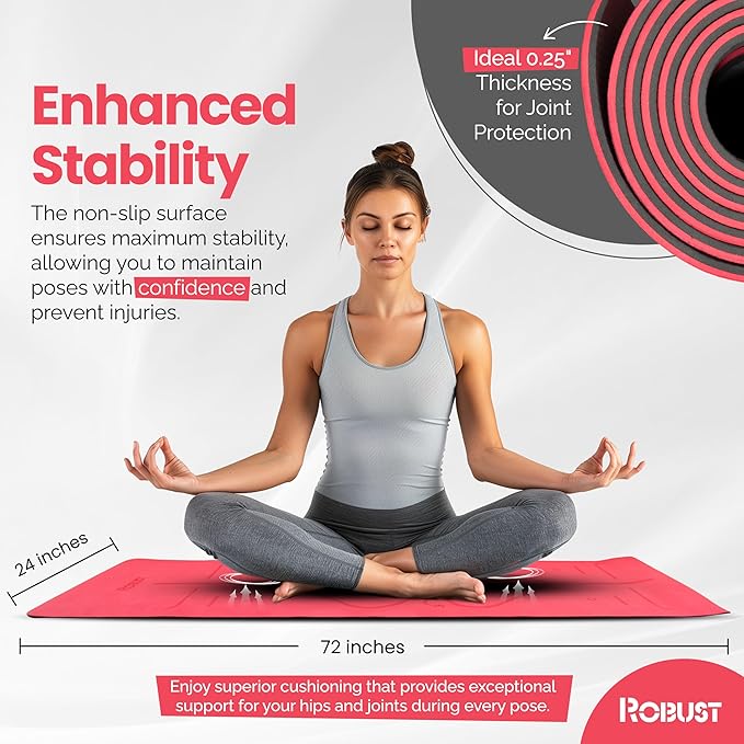 Robust Non-Slip Yoga Mat with Strap, 1/4" Thick TPE Eco-Friendly Workout Mat for Yoga with Position Lines and Texture Surface, Gym Mat for Women, Men, Pilates and Exercises Anti-Tear Sweat-Proof Exercise Mat