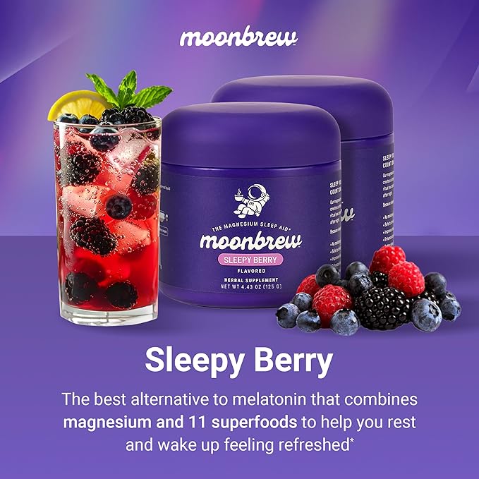 MoonBrew Nighttime Magnesium Sleepy Berry Smoothie, Natural Sleep Aid Drink Mix for Adults, 2-Pack - Calming Melatonin-Free Sleep Support with L-Theanine, Chamomile & Zinc Glycinate - 50 Servings