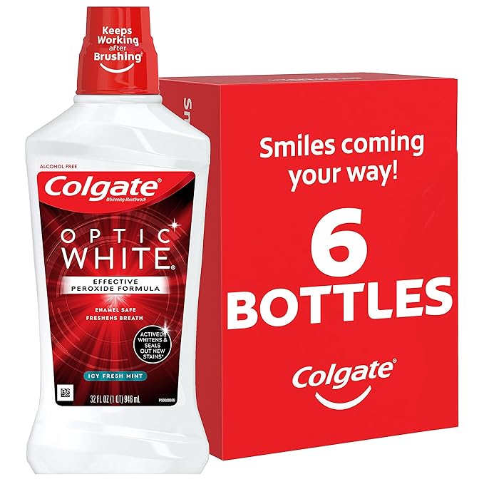 Colgate Optic White Whitening Mouthwash, Fresh Mint - 946ml, 32 Fluid Ounce (Pack of 6)