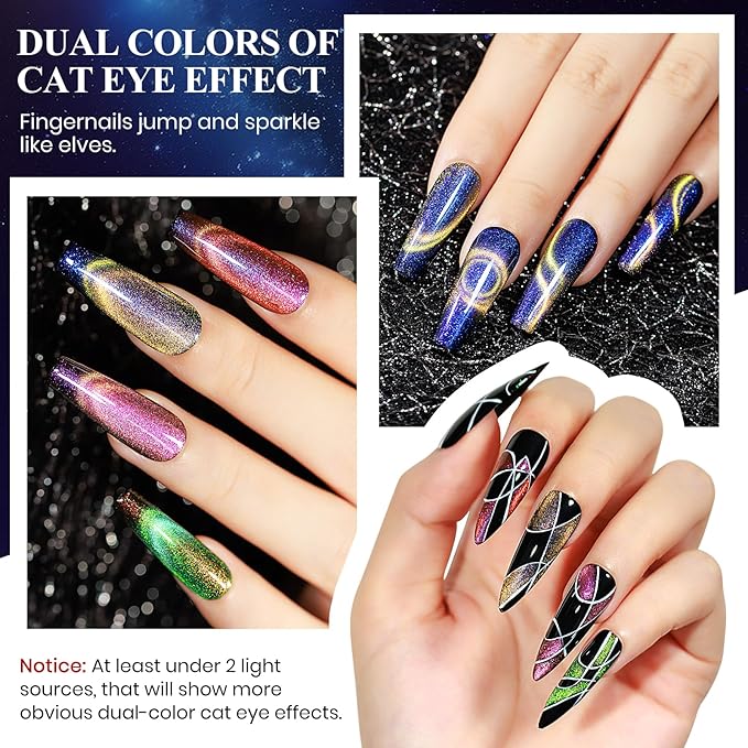 MIZHSE 9D Cat Eye Gel Nail Polish Set, Magnetic Gel Polish 10ml 6 Colors with 2 Magnet Sticks, Chameleon Galaxy Shiny Magic Effect Cateye Nail Polish Soak off Nail Art Gift for Women