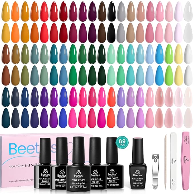 Beetles Winter Gel Nail Polish Set - Emotional Spectrum 69PCS 60 Colors Gel Polish Kit Base Coat Glossy & Matte Top Coat UV Led Soak off Collection Brown Red Black Nude White Christmas Gifts for Women