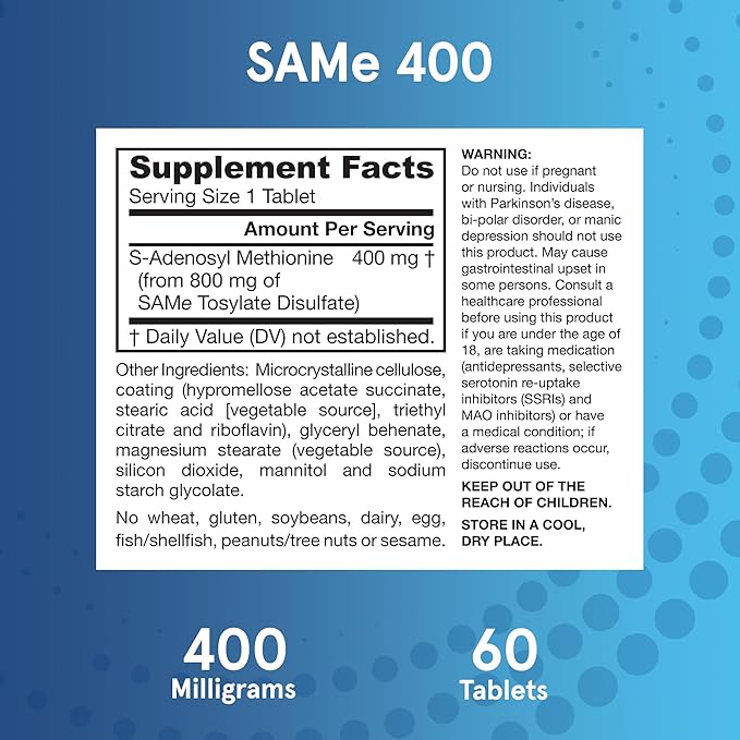 Jarrow Formulas Same 400 mg - 60 Tablets - Highest Concentration of Active S,S Form - Supports Joint Health, Liver Function, Brain Metabolism, Mood & Antioxidant Defense - 60 Servings