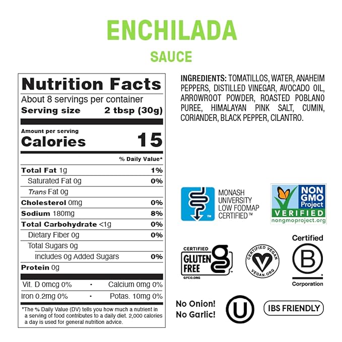 Fody Foods Green Enchilada Sauce, 8.5 Oz, Garlic and Onion Free, Low FODMAP Certified, Gut & IBS Friendly, Vegan, Non-GMO, Gluten Free, Keto Friendly