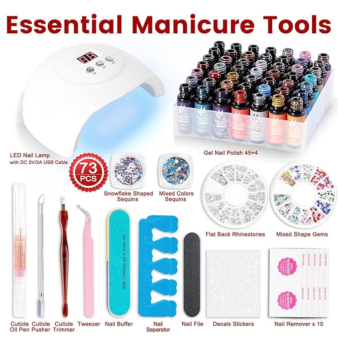 Lavender Violets 73 Pcs Gel Nail Polish Kit with U V Light, 45 Colors with Nail Primer,Builder Base,Matte & Glossy Top Coat Soak Off Manicure Tools Gifts for Women LA06