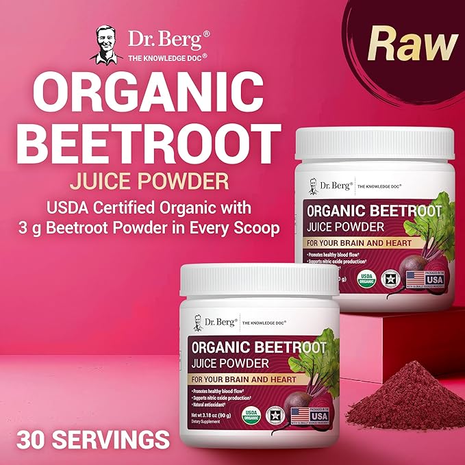 Dr. Berg Raw Organic Beet Powder from Real Earth-Grown Beets – USDA Certified Organic Beet Root Powder to Support Nitric Oxide Levels, Energy, Blood Flow, & Heart Health* – 30 Servings