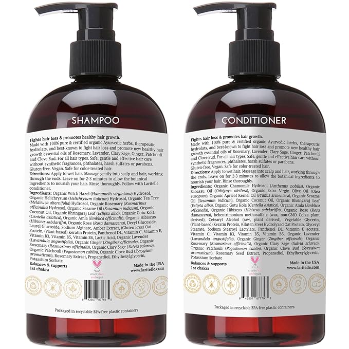 Laritelle Organic Shampoo 17 oz + Conditioner 16 oz | Prevents Hair Loss, Promotes Hair Growth | Ayurvedic Herbs, Lavender, Ginger & Rosemary | NO GMO, Sulfates, Gluten, Alcohol, Parabens, Phthalates