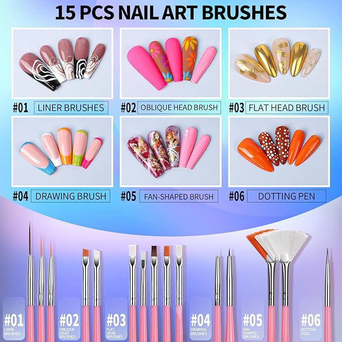 FANDAMEI Nail Art Brushes Set, Nail Art Kit, Nail Design Kit, Nail Art Dotting Pens, Nail Stickers, Butterfly Nail Art Sequins, Nail Foils, Nail Art Flakes Iridescent, Rhinestones For Nails