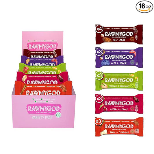 RAWMYGOD Fruit and Nut Bars, Gluten Free, Vegan, No Added Sugar (16 bars, Variety Pack I - 4 Raw Cacao, 3 Apple & Cinnamon, 3 Nuts & Berries, 3 Cherry Peanut, 3 Pistachio & Cranberry)