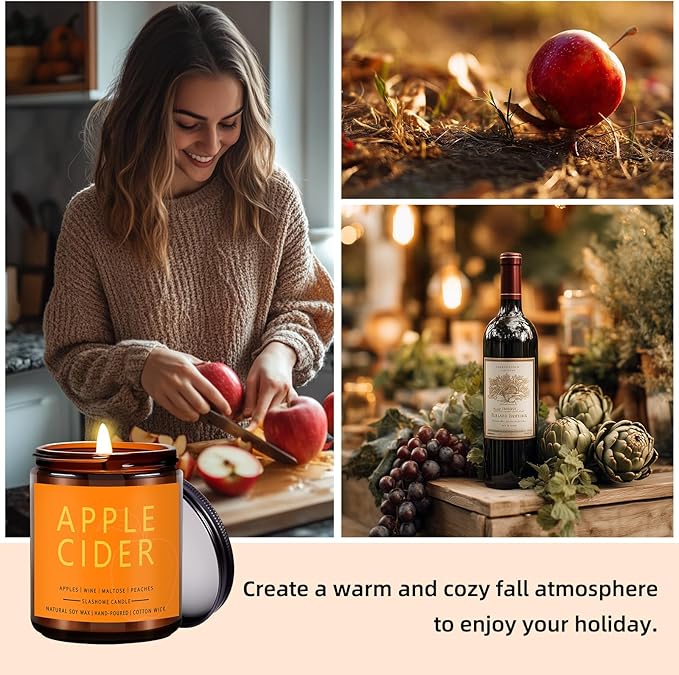 Fall Scented Candles Apple Cider 7oz – Fresh Apple Candle with Warm Cinnamon & Spiced Cider Soy Wax Candle for Cozy Autumn Home Décor, Perfect Fall Gift for Apple Lovers, 50 Hour Long Burn