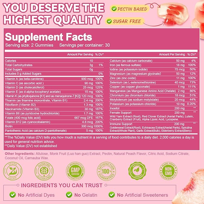 Totaria Sugar Free Multivitamin Gummies for Women 14+ w/Iron, Inositol, Folate, Biotin, Womens Daily Multivitamin Gummy w/Vitamin A, C, B, D3, K2, for Hair, Skin, Energy, Immune, Peach Flavor