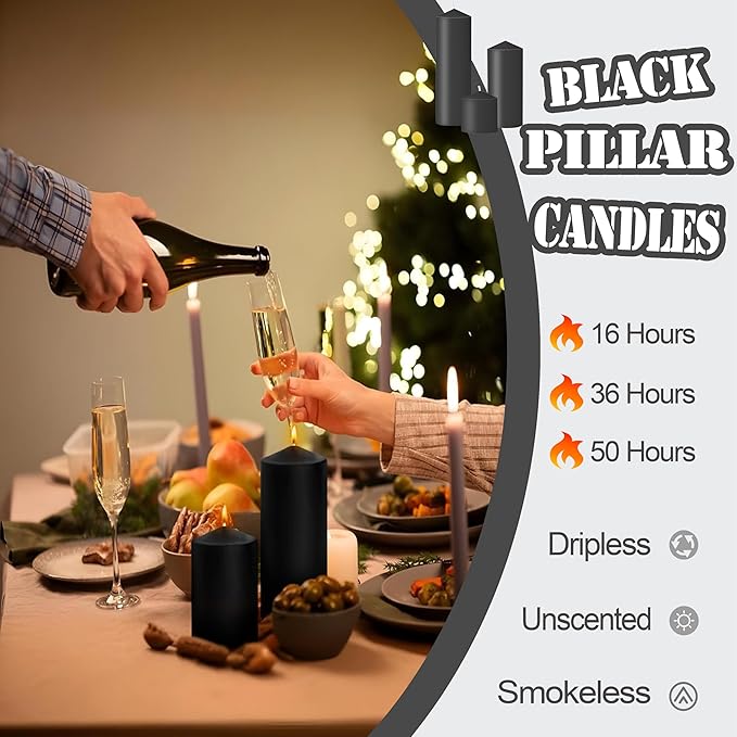 36 Pcs Black Pillar Candles Bulk Set，Hurricane Candles，3 Different Lengths (6 Each)，Dripless Unscented Smokeless，Gives You a Better Atmosphere When Organizing Wedding or Event Party.