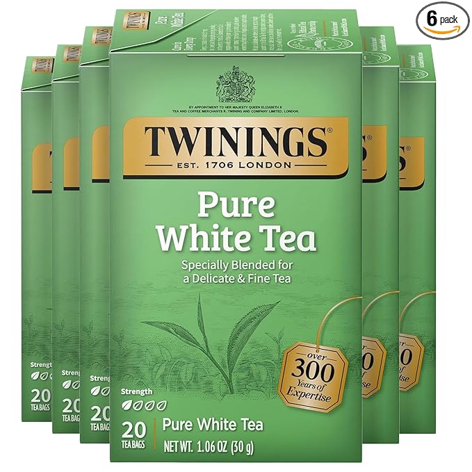 Twinings Pure White Tea Individually Wrapped Bags, 20 Count (Pack of 6), Light & Fresh, Caffeinated, Enjoy Hot or Iced, 120 Teabags