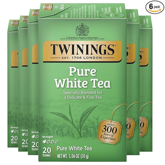 Twinings Pure White Tea Individually Wrapped Bags, 20 Count (Pack of 6), Light & Fresh, Caffeinated, Enjoy Hot or Iced, 120 Teabags