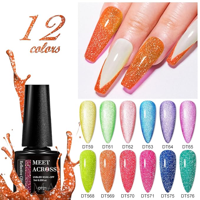 MEET ACROSS Reflective Glitter Neon Gel Polish Set, 12 Colors Gel Nail Polish Set Nails Gel Blue Hot Pink Purple Soak Off Uv Led Gel Nail Polish Kit Nail Gift for Her